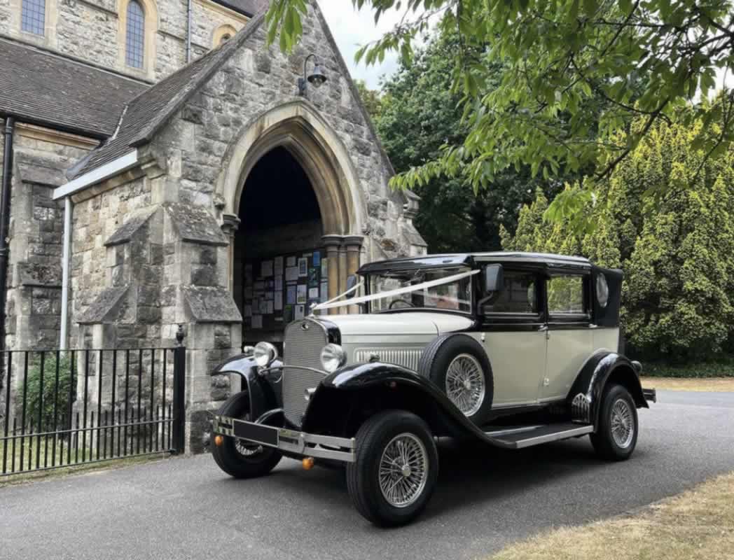 Badsworth Vintage car side view at the Church for a wedding