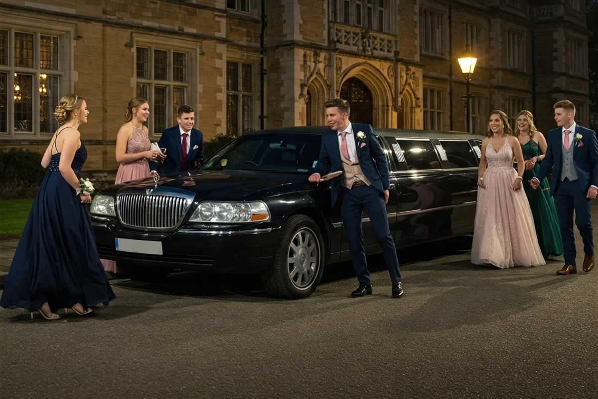 prom limo with party guests having fun