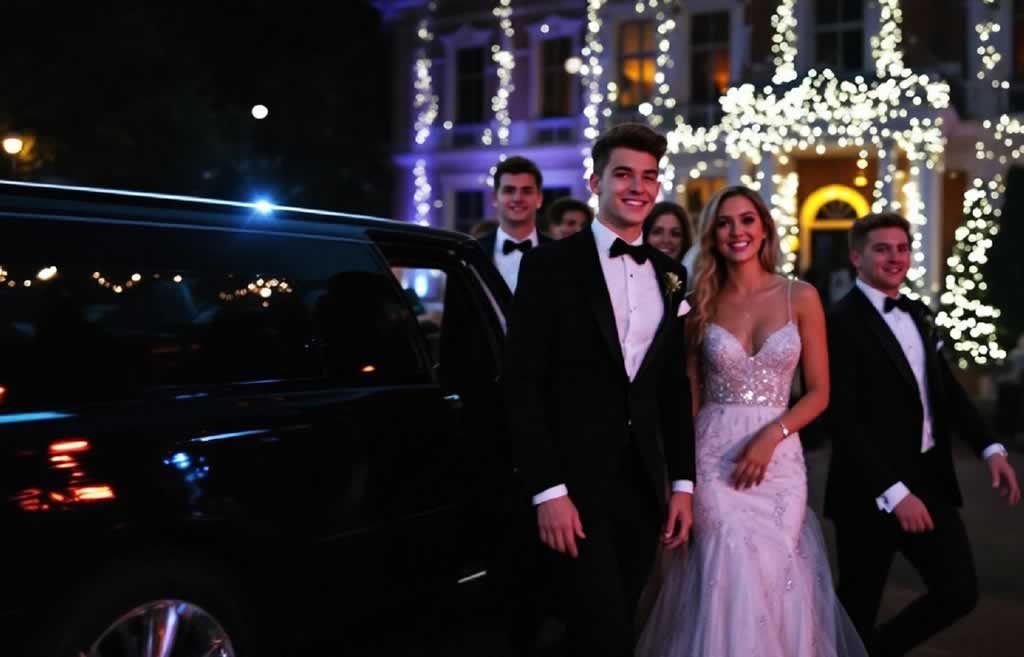 couple arrive by limo at a special evening event